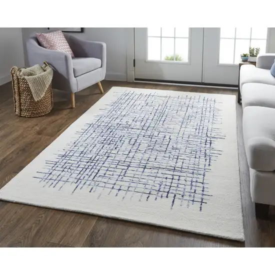 Ivory And Blue Wool Plaid Tufted Handmade Stain Resistant Area Rug Photo 7