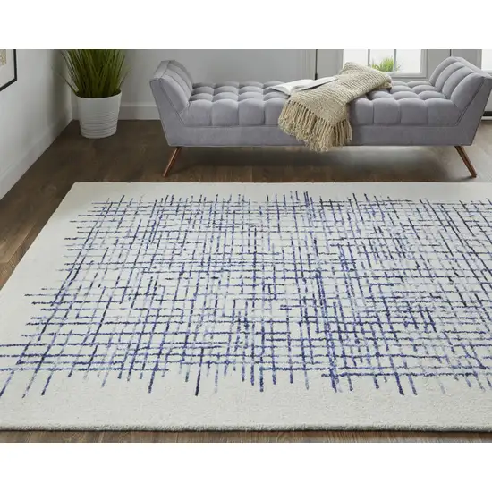 Ivory And Blue Wool Plaid Tufted Handmade Stain Resistant Area Rug Photo 8