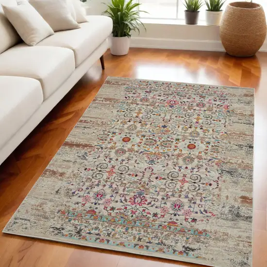 Ivory And Brown Floral Distressed Area Rug Photo 1