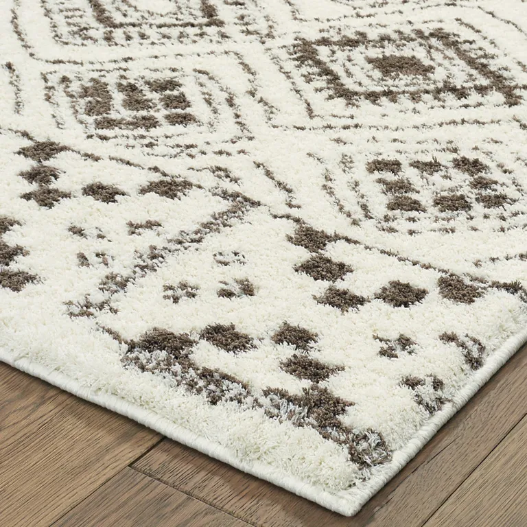 Ivory And Brown Geometric Shag Power Loom Stain Resistant Area Rug Photo 4