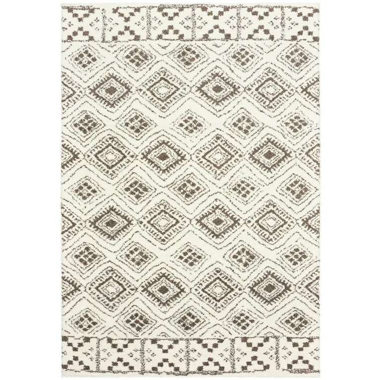 Ivory And Brown Geometric Shag Power Loom Stain Resistant Area Rug Photo 1