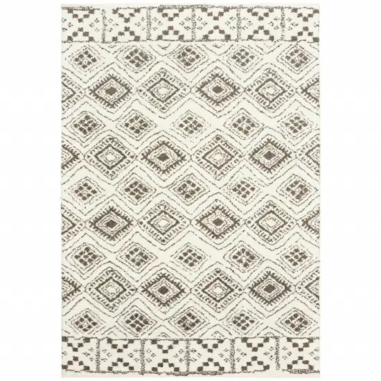 Ivory And Brown Geometric Shag Power Loom Stain Resistant Area Rug Photo 1