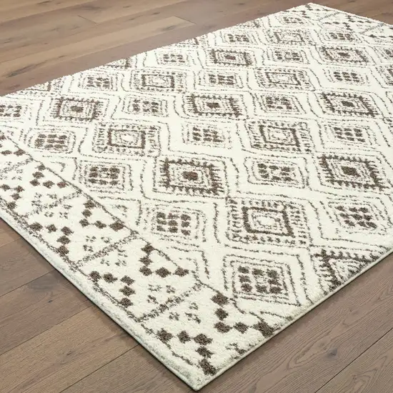 Ivory And Brown Geometric Shag Power Loom Stain Resistant Area Rug Photo 5