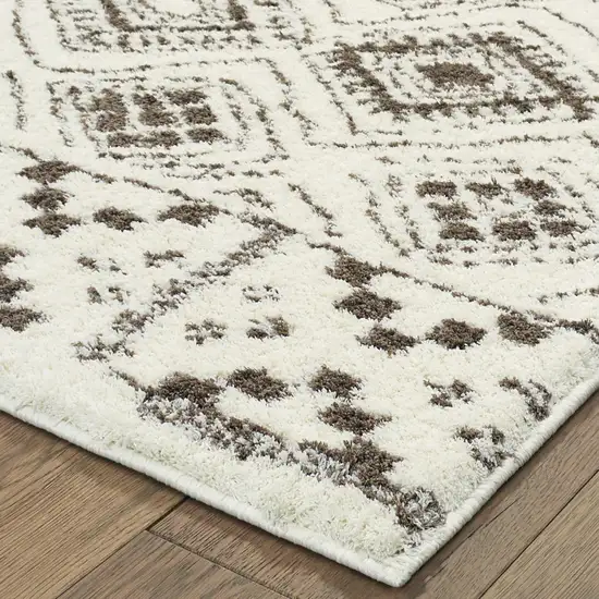 Ivory And Brown Geometric Shag Power Loom Stain Resistant Area Rug Photo 4