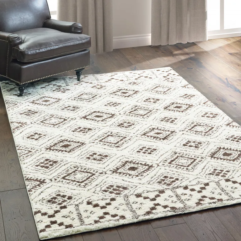 Ivory And Brown Geometric Shag Power Loom Stain Resistant Area Rug Photo 3