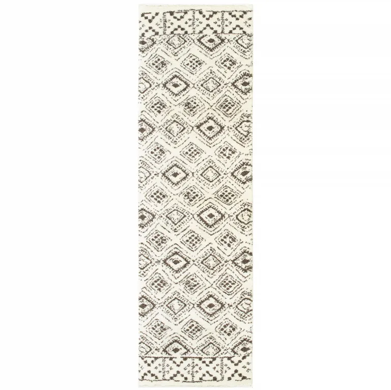 Ivory And Brown Geometric Shag Power Loom Stain Resistant Runner Rug Photo 1