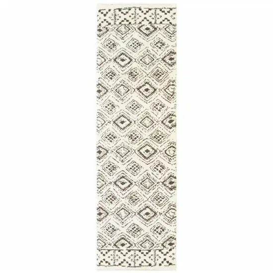 Ivory And Brown Geometric Shag Power Loom Stain Resistant Runner Rug Photo 1