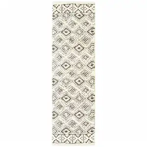 Photo of Ivory And Brown Geometric Shag Power Loom Stain Resistant Runner Rug