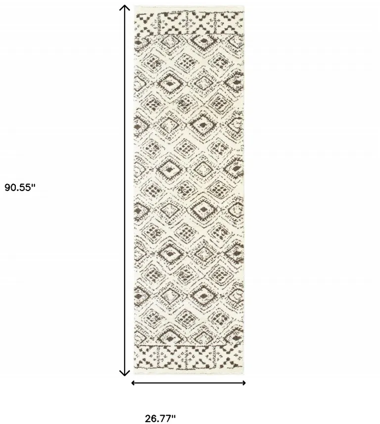 Ivory And Brown Geometric Shag Power Loom Stain Resistant Runner Rug Photo 4