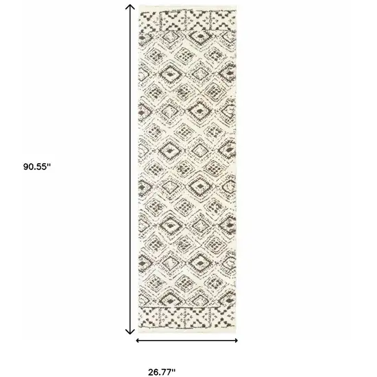 Ivory And Brown Geometric Shag Power Loom Stain Resistant Runner Rug Photo 4