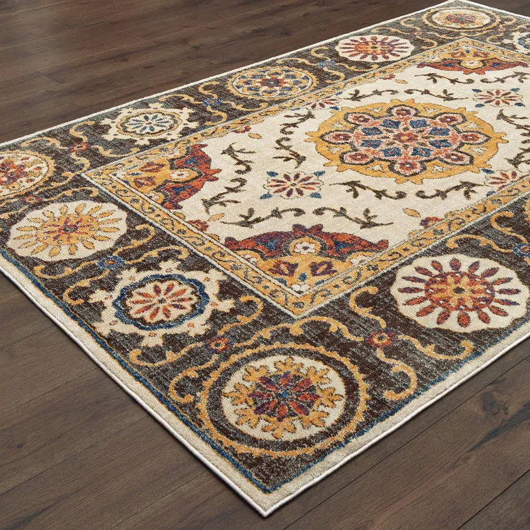 Ivory And Brown Oriental Power Loom Stain Resistant Area Rug Photo 4