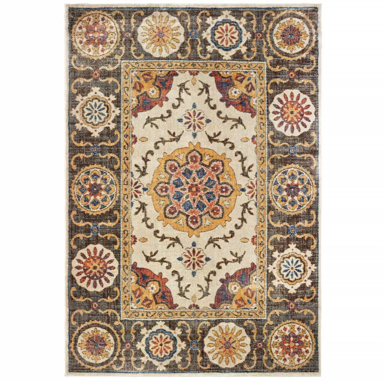 Ivory And Brown Oriental Power Loom Stain Resistant Area Rug Photo 1