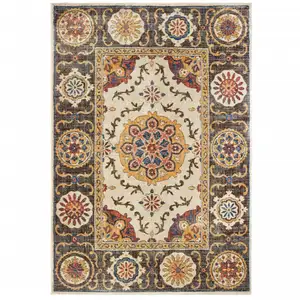 Photo of Ivory And Brown Oriental Power Loom Stain Resistant Area Rug