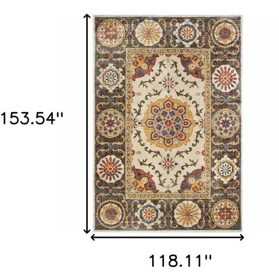 Ivory And Brown Oriental Power Loom Stain Resistant Area Rug Photo 5