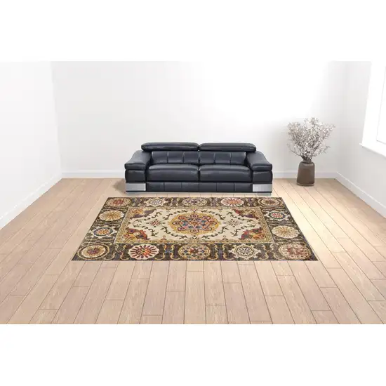 Ivory And Brown Oriental Power Loom Stain Resistant Area Rug Photo 2