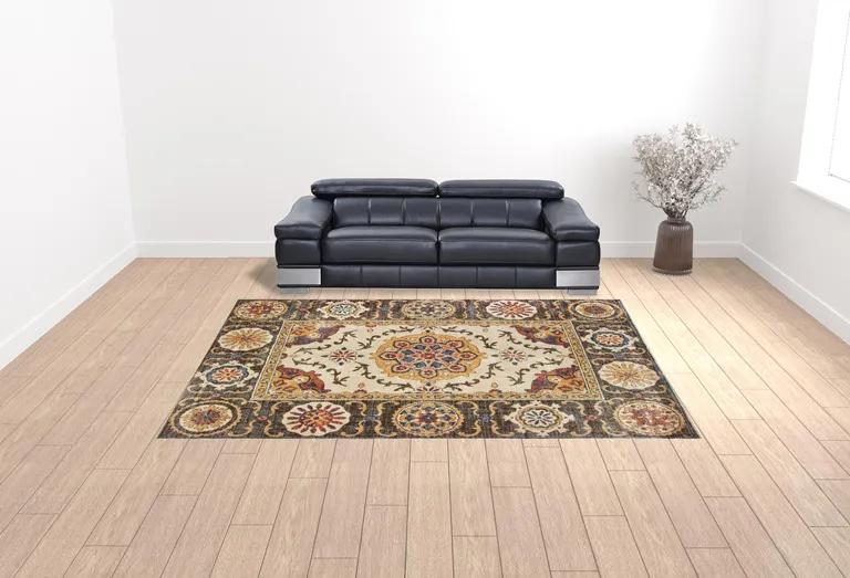 Ivory And Brown Oriental Power Loom Stain Resistant Area Rug Photo 2