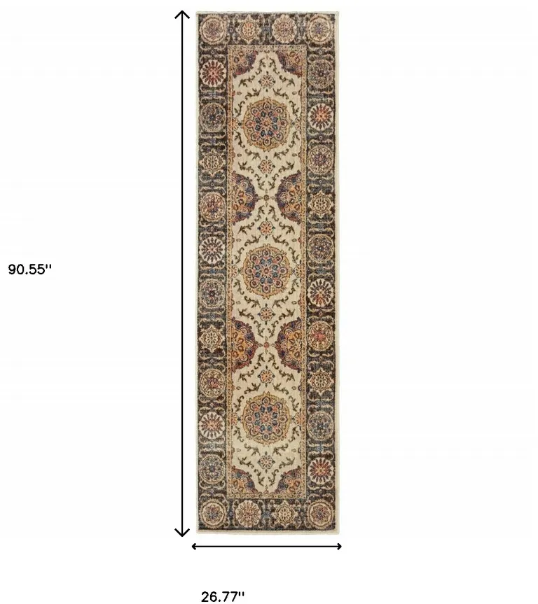 Ivory And Brown Oriental Power Loom Stain Resistant Runner Rug Photo 4