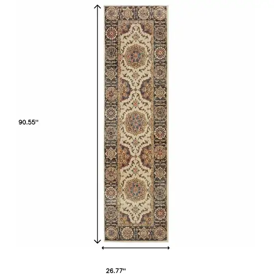 Ivory And Brown Oriental Power Loom Stain Resistant Runner Rug Photo 4