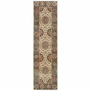 Photo of Ivory And Brown Oriental Power Loom Stain Resistant Runner Rug