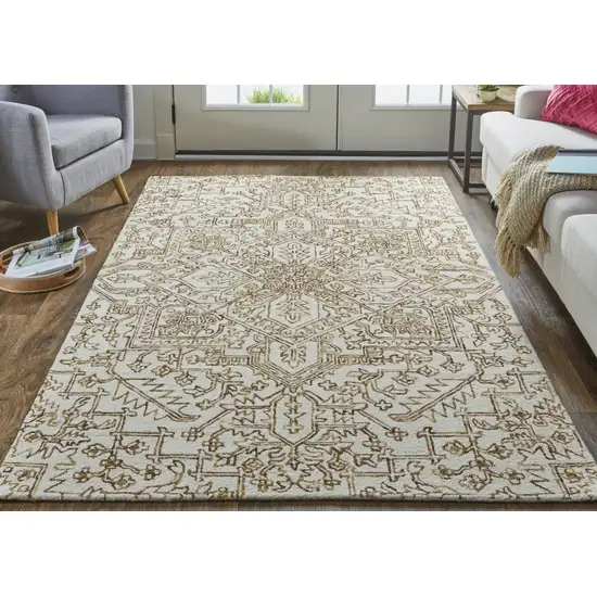 Ivory And Brown Wool Floral Tufted Handmade Stain Resistant Area Rug Photo 3