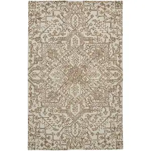 Photo of Ivory And Brown Wool Floral Tufted Handmade Stain Resistant Area Rug