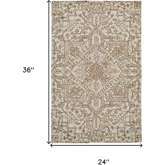 Ivory And Brown Wool Floral Tufted Handmade Stain Resistant Area Rug Photo 4