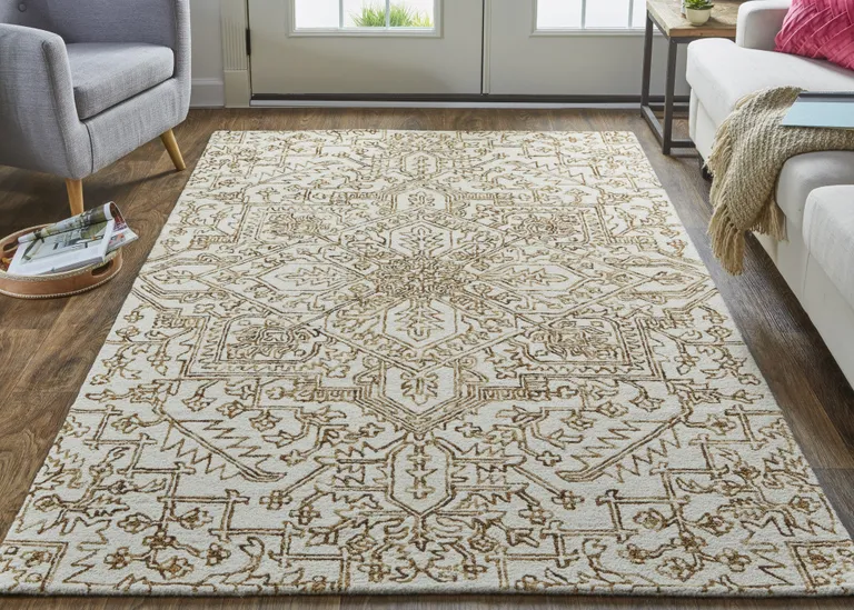 Ivory And Brown Wool Floral Tufted Handmade Stain Resistant Area Rug Photo 3