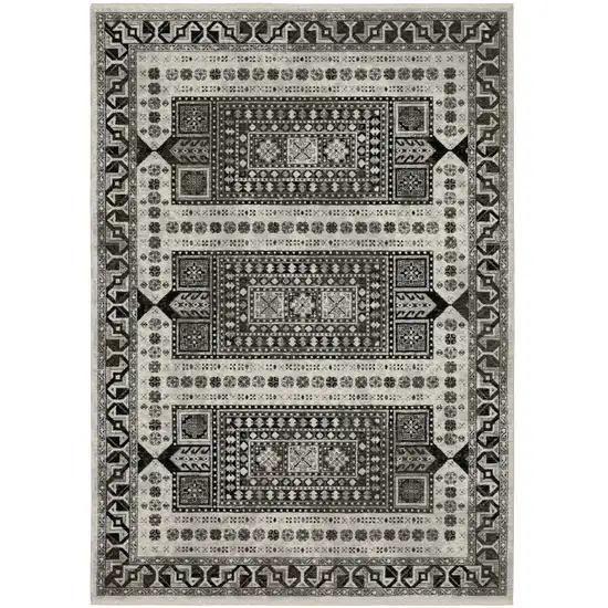 Ivory And Charcoal Oriental Area Rug With Fringe Photo 9