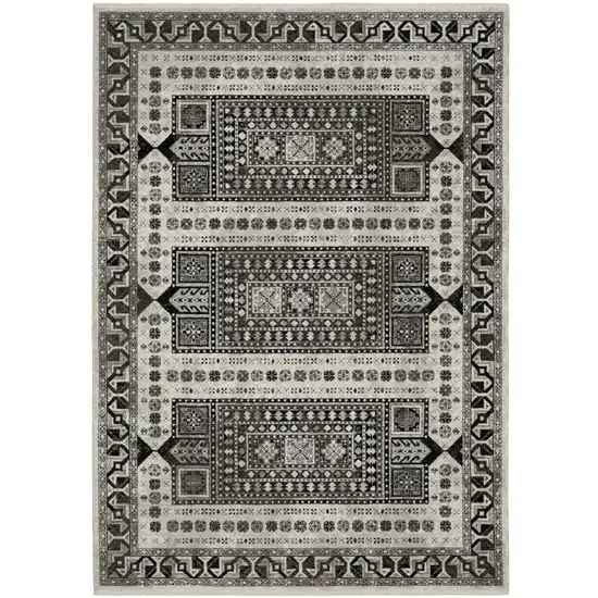 Ivory And Charcoal Oriental Area Rug With Fringe Photo 2