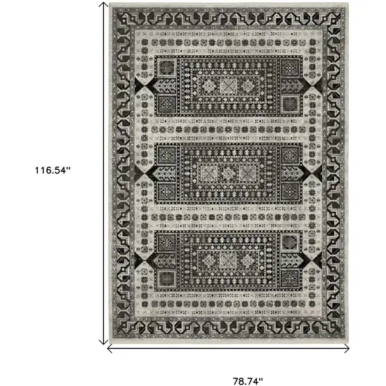 Ivory And Charcoal Oriental Area Rug With Fringe Photo 3