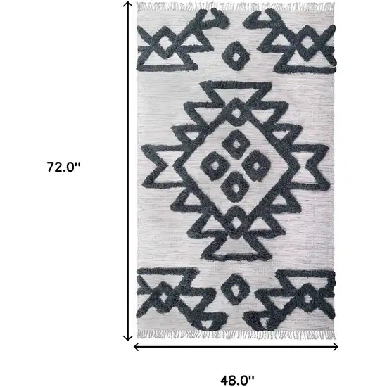 Ivory And Charcoal Wool Geometric Flatweave Handmade Stain Resistant Area Rug With Fringe Photo 9