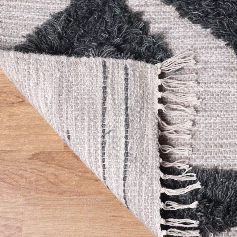 Ivory And Charcoal Wool Geometric Flatweave Handmade Stain Resistant Area Rug With Fringe Photo 4