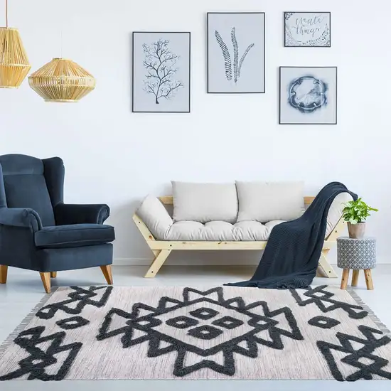 Ivory And Charcoal Wool Geometric Flatweave Handmade Stain Resistant Area Rug With Fringe Photo 6