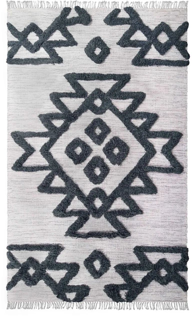 Ivory And Charcoal Wool Geometric Flatweave Handmade Stain Resistant Area Rug With Fringe Photo 1