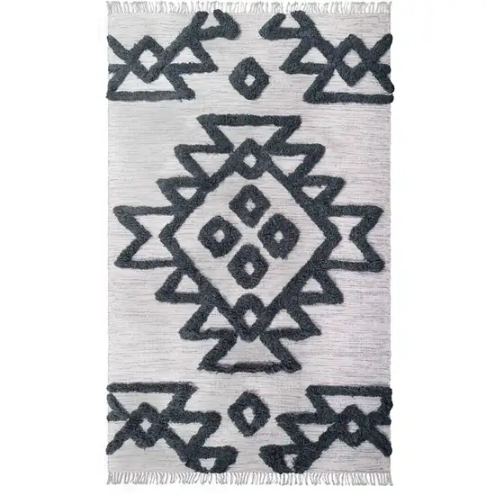 Ivory And Charcoal Wool Geometric Flatweave Handmade Stain Resistant Area Rug With Fringe Photo 1