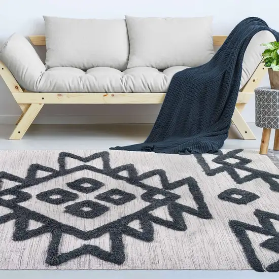 Ivory And Charcoal Wool Geometric Flatweave Handmade Stain Resistant Area Rug With Fringe Photo 8