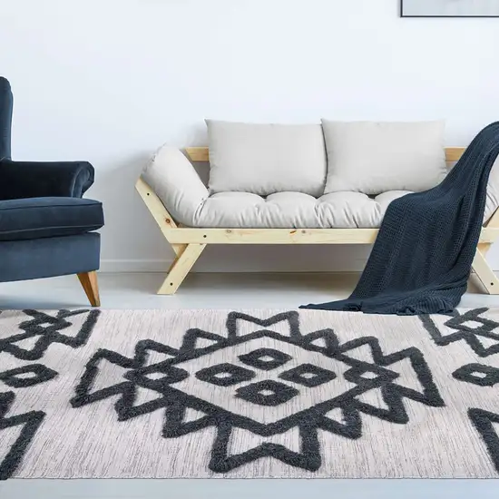 Ivory And Charcoal Wool Geometric Flatweave Handmade Stain Resistant Area Rug With Fringe Photo 7