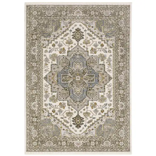 Ivory And Gold Medallion Distressed Area Rug With Fringe Photo 6