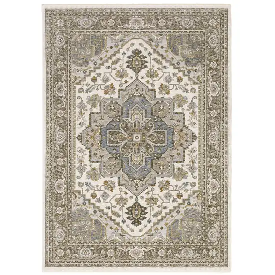 Ivory And Gold Medallion Distressed Area Rug With Fringe Photo 2