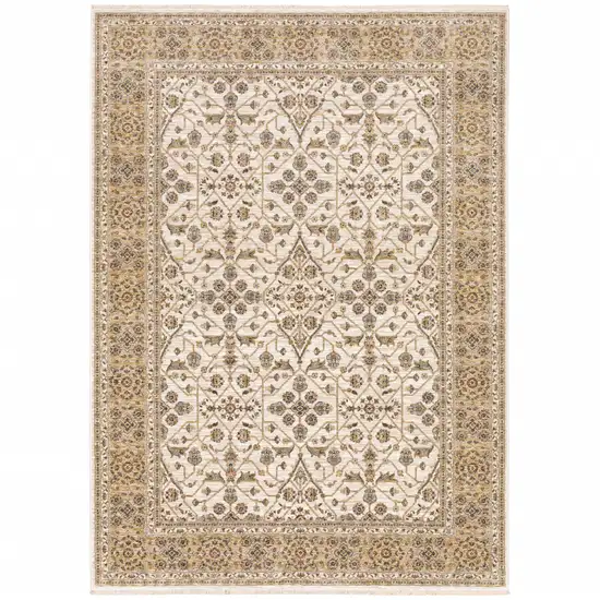 Ivory And Gold Oriental Power Loom Stain Resistant Area Rug With Fringe Photo 1