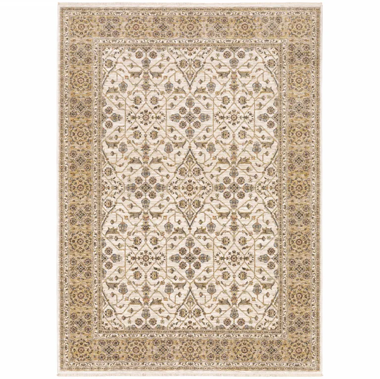 Ivory And Gold Oriental Power Loom Stain Resistant Area Rug With Fringe Photo 1