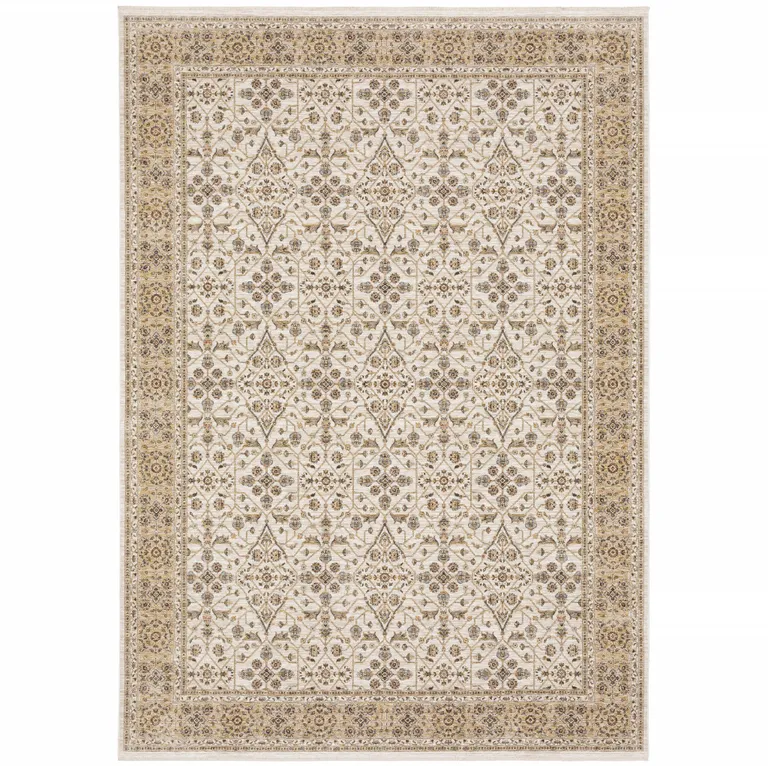 Ivory And Gold Oriental Power Loom Stain Resistant Area Rug With Fringe Photo 1