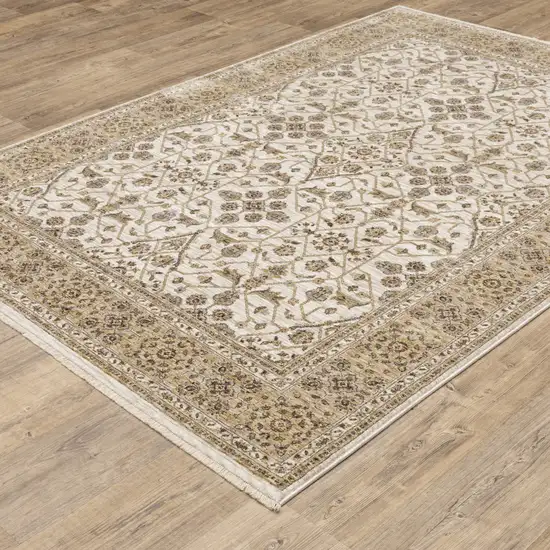 Ivory And Gold Oriental Power Loom Stain Resistant Area Rug With Fringe Photo 6