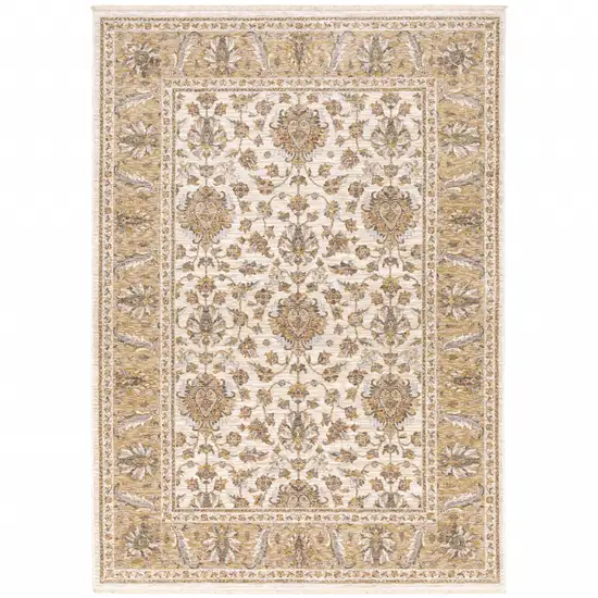 Ivory And Gold Oriental Power Loom Stain Resistant Area Rug With Fringe Photo 1