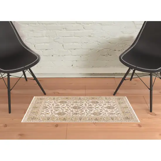 Ivory And Gold Oriental Power Loom Stain Resistant Area Rug With Fringe Photo 2