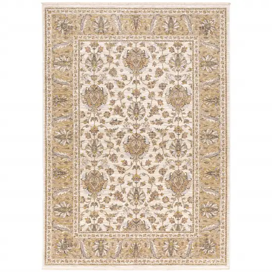 Ivory And Gold Oriental Power Loom Stain Resistant Area Rug With Fringe Photo 6