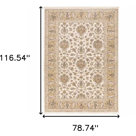 Gold and Ivory Oriental Power Loom Area Rug With Fringe Photo 3