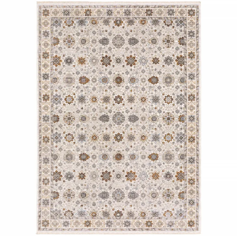 Ivory And Gold Oriental Power Loom Stain Resistant Area Rug With Fringe Photo 1