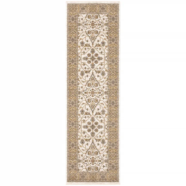 Ivory And Gold Oriental Power Loom Stain Resistant Runner Rug With Fringe Photo 1