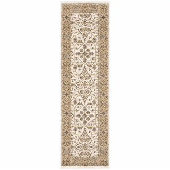 Ivory And Gold Oriental Power Loom Stain Resistant Runner Rug With Fringe Photo 1